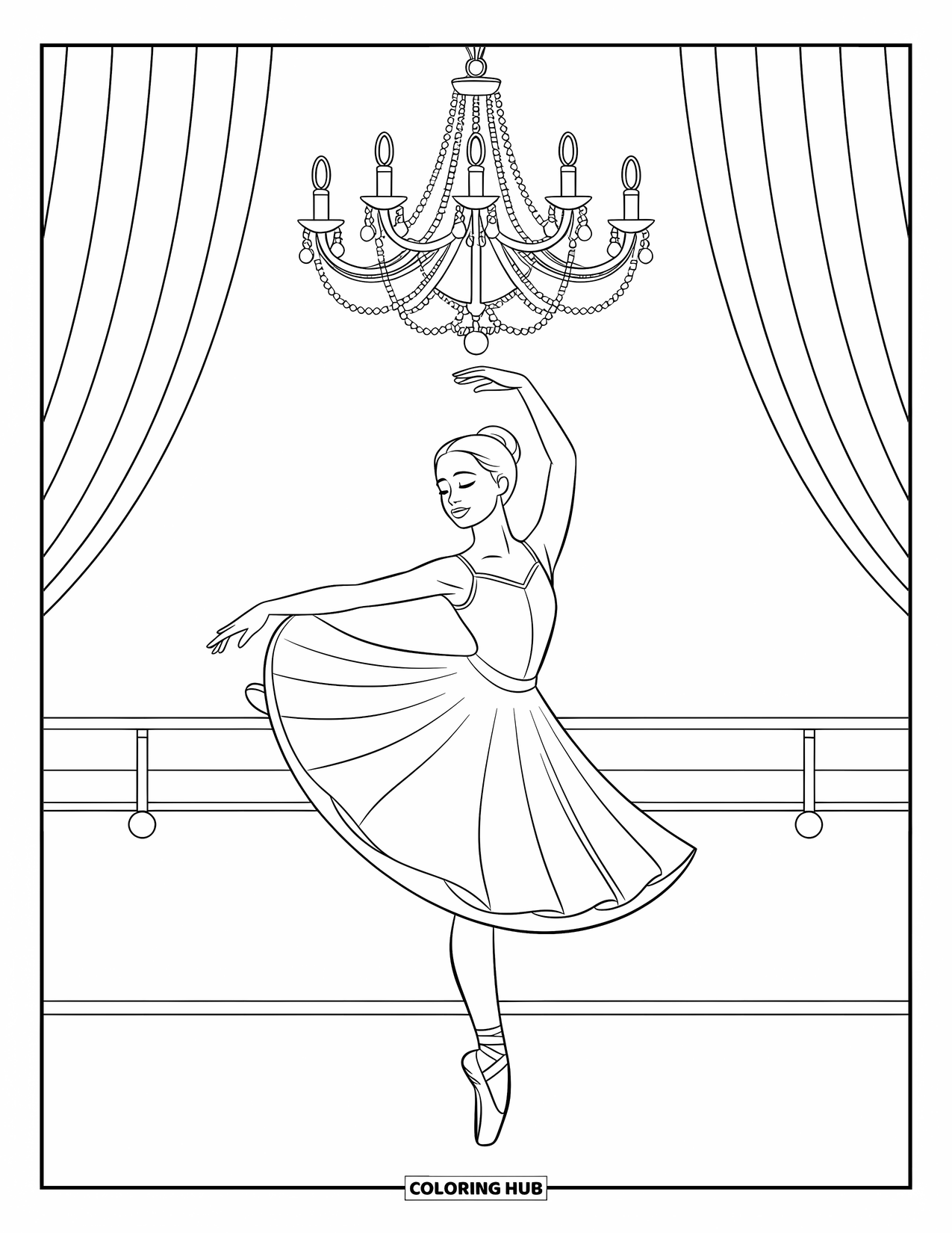 Ballerina Coloring Page for Kids: A ballerina dances under a chandelier as her tutu sways with elegant movement