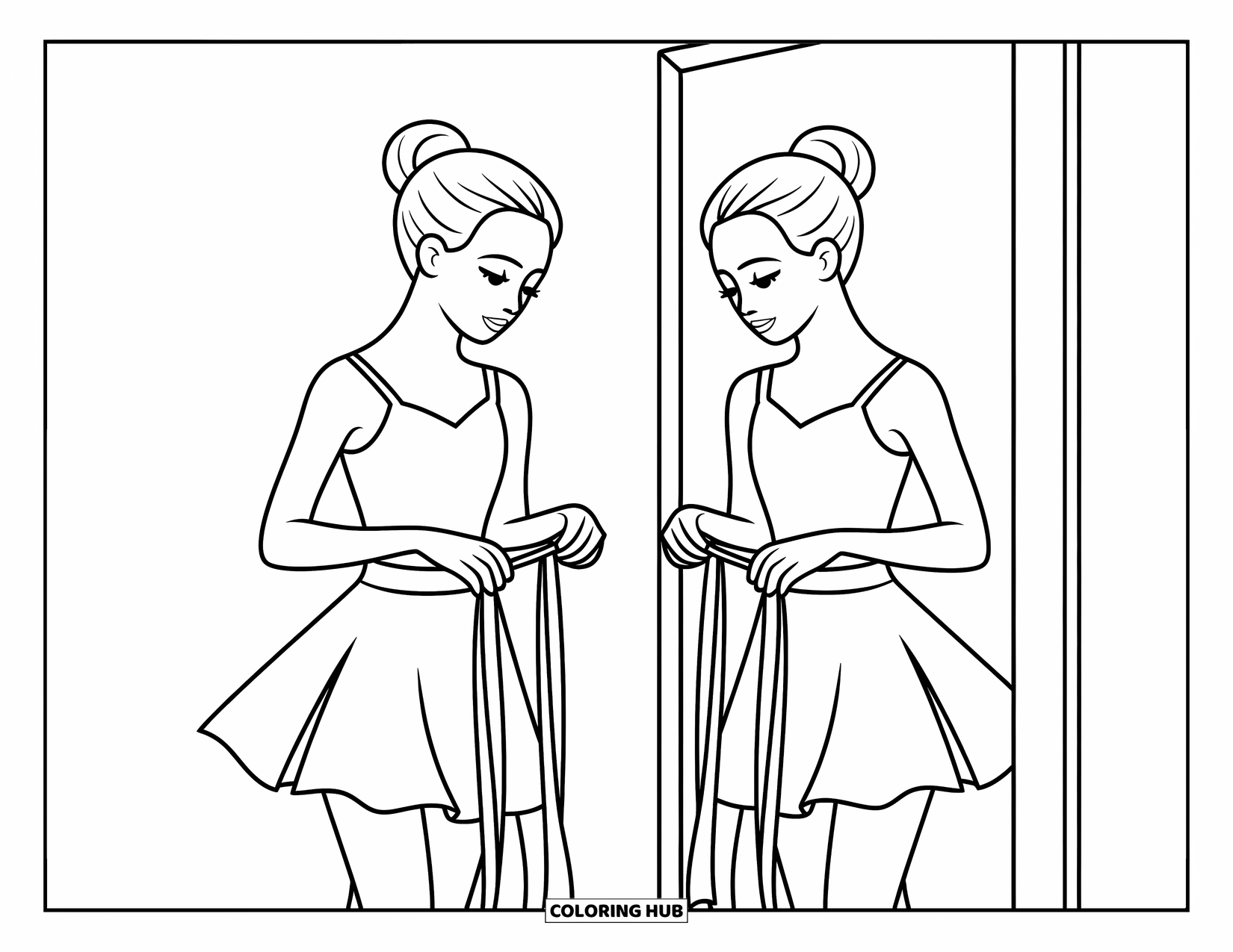Ballerina Coloring Page for Kids: A ballerina gently ties her sash as her reflection mirrors her graceful pose