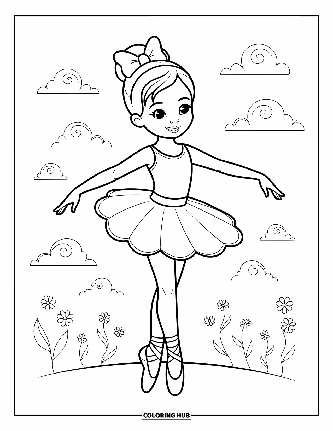 Ballerina Coloring Page for Kids: A ballerina holds a basic pose with flowers and clouds floating softly around her