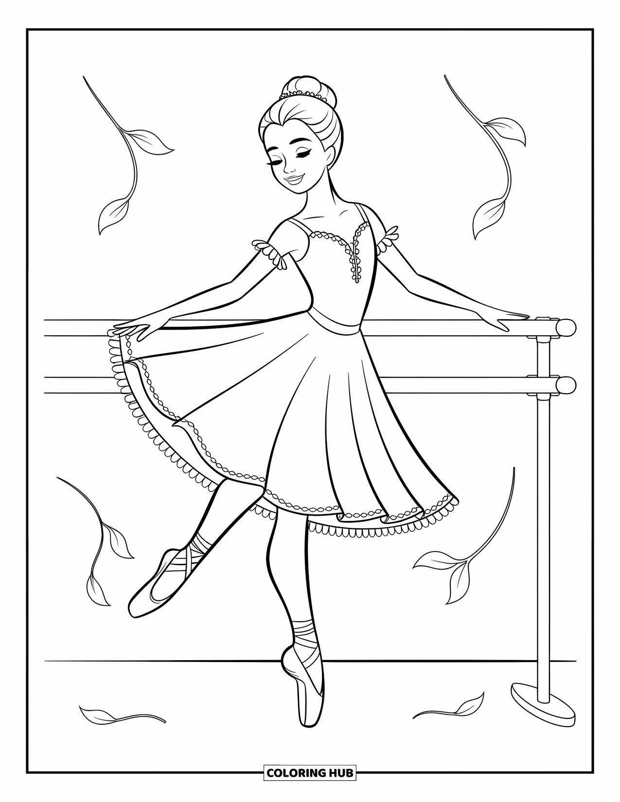 Ballerina Coloring Page for Kids: A ballerina holds a graceful pose by the barre while petals drift gently around her