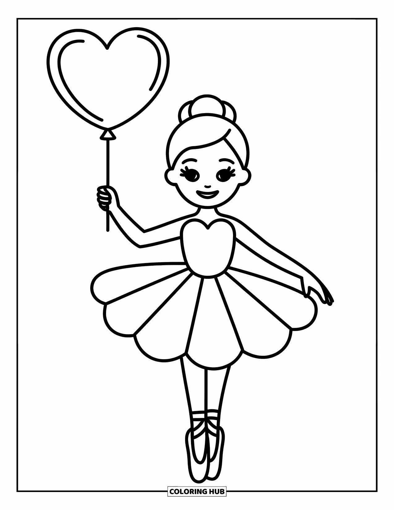 Ballerina Coloring Page for Kids: A ballerina holds a heart balloon, her tutu flowing in a gentle, happy pose