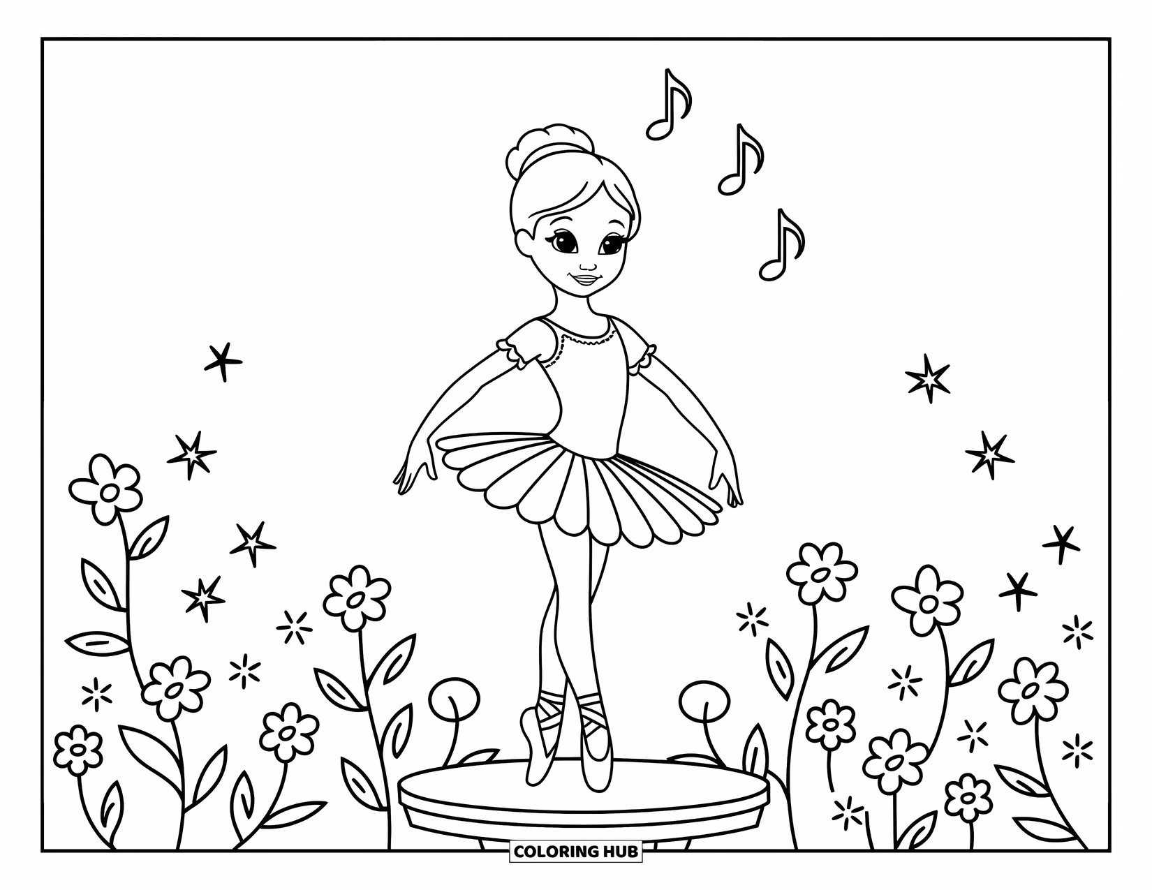 Ballerina Coloring Page for Kids: A ballerina holds a pose with notes above and playful flowers all around