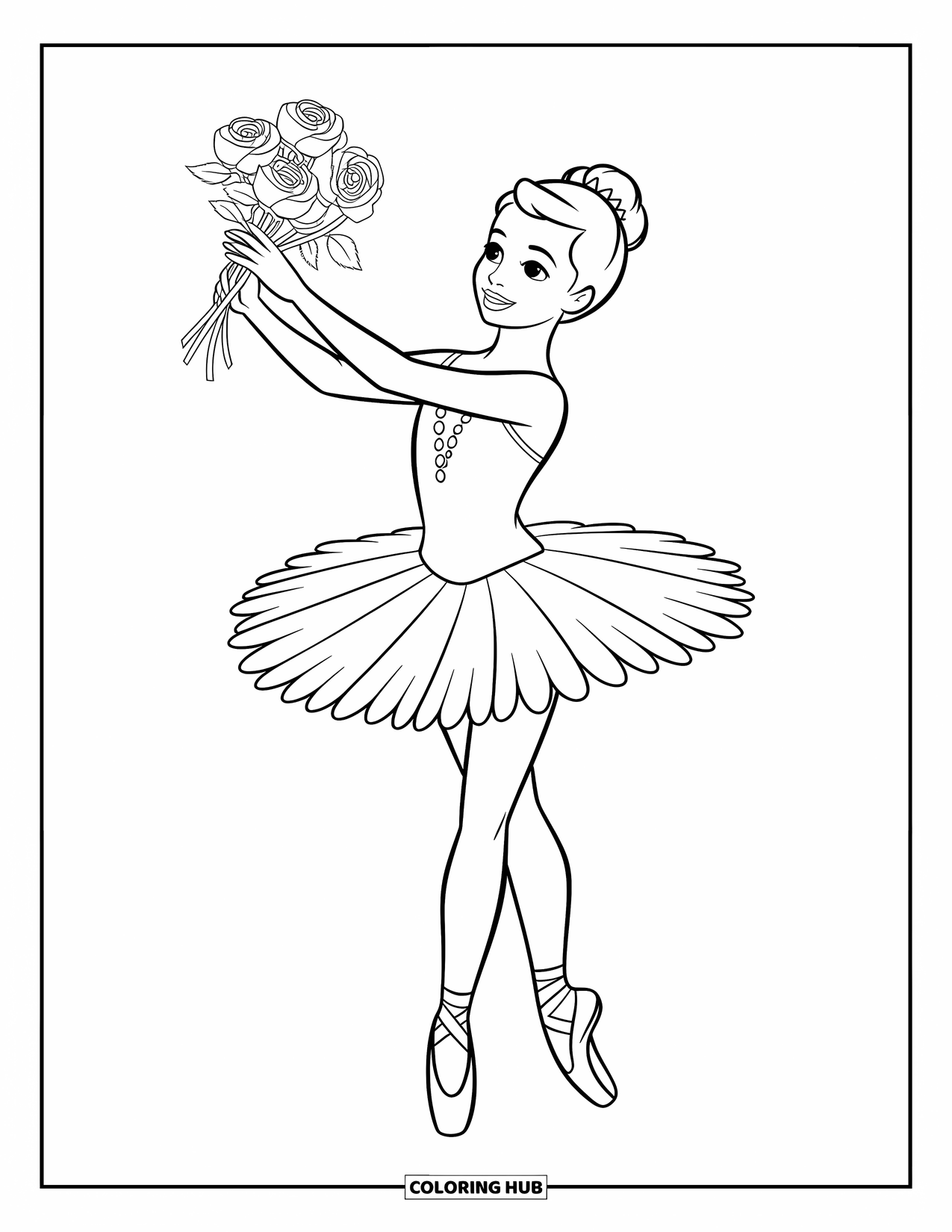 Ballerina Coloring Page for Kids: A ballerina holds roses in her arms, her posture calm and full of pride