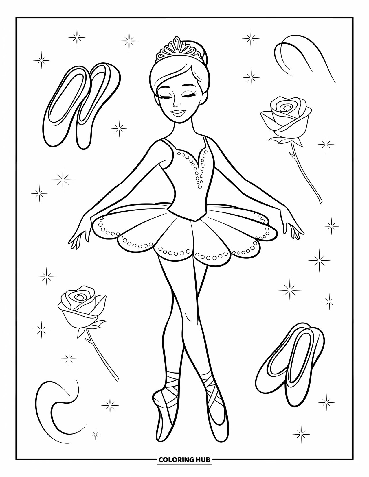 Ballerina Coloring Page for Kids: A ballerina in fifth position wears a tiara as slippers and a rose frame the scene