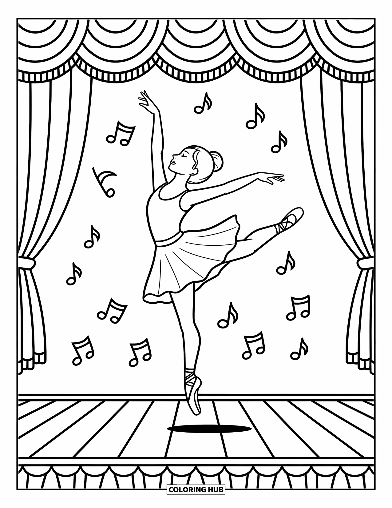 Ballerina Coloring Page for Kids: A ballerina jumps with arms wide as music notes swirl around a grand stage