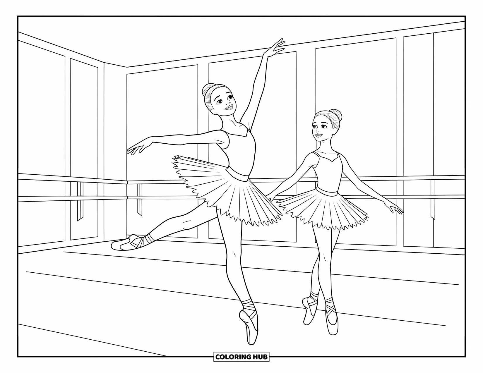 Ballerina Coloring Page for Kids: A ballerina leaps across the floor as her friend reaches out with grace and focus