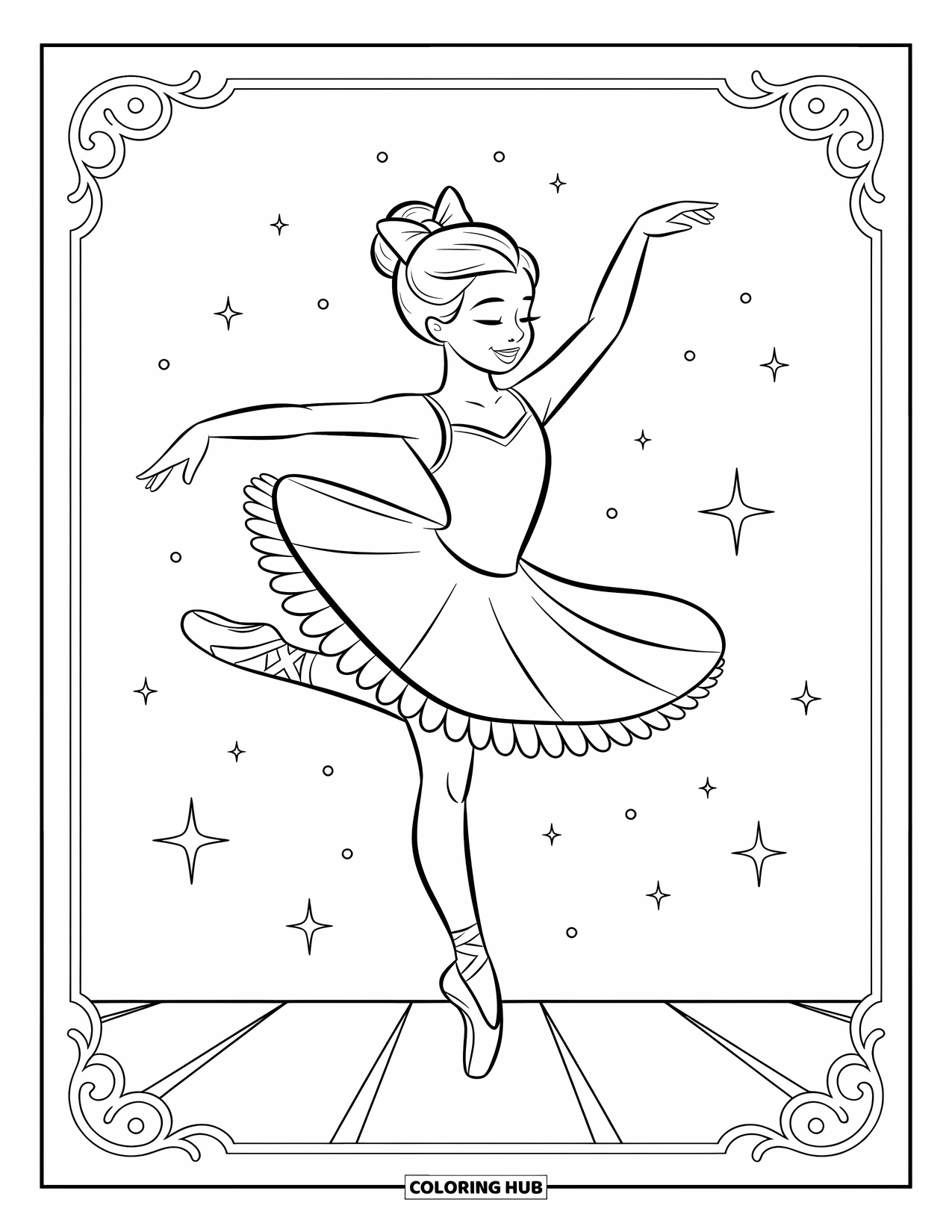 Ballerina Coloring Page for Kids: A ballerina leaps across the stage with a bow in her hair and arms extended
