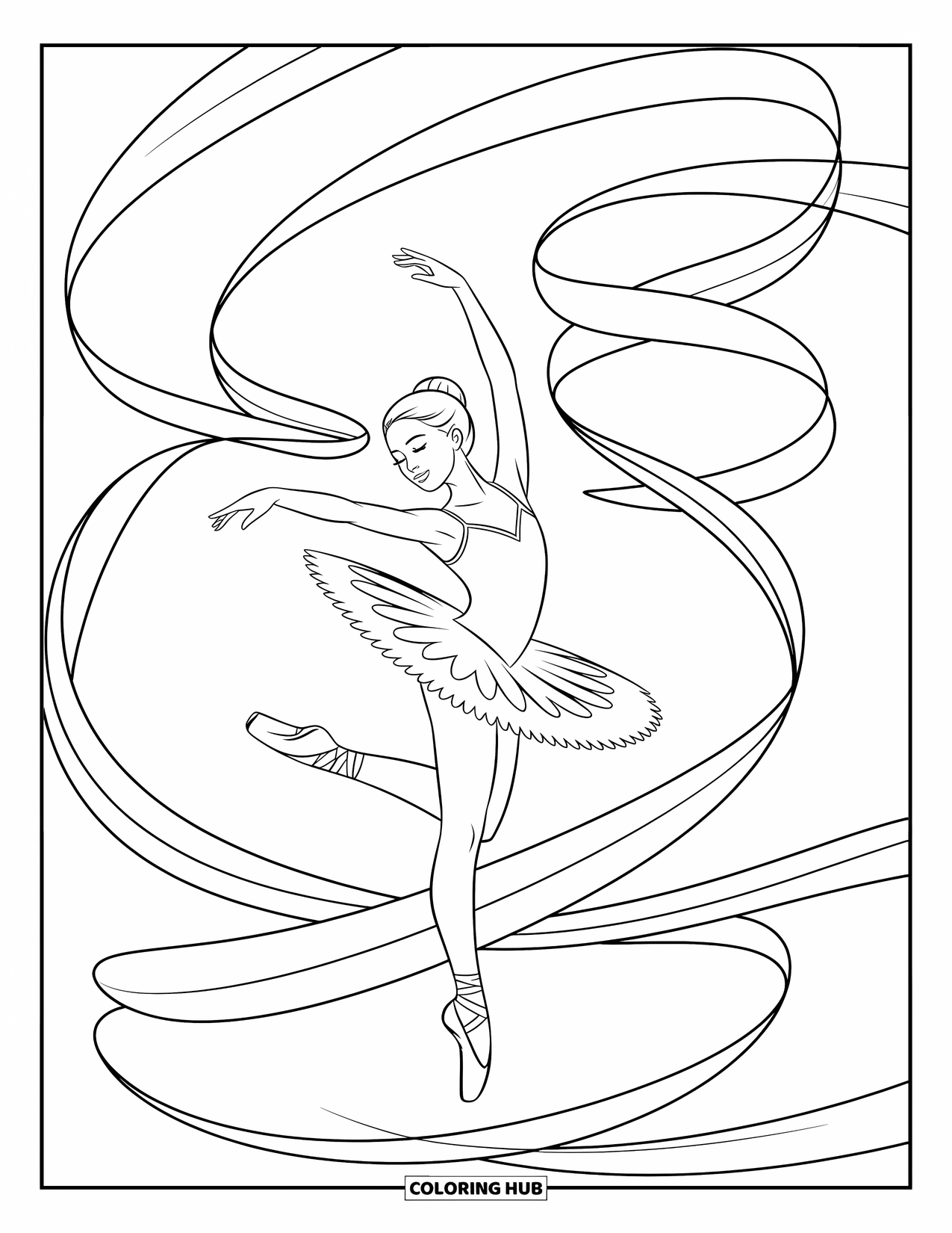 Ballerina Coloring Page for Kids: A ballerina leaps mid-air as long ribbons twist and flow around her