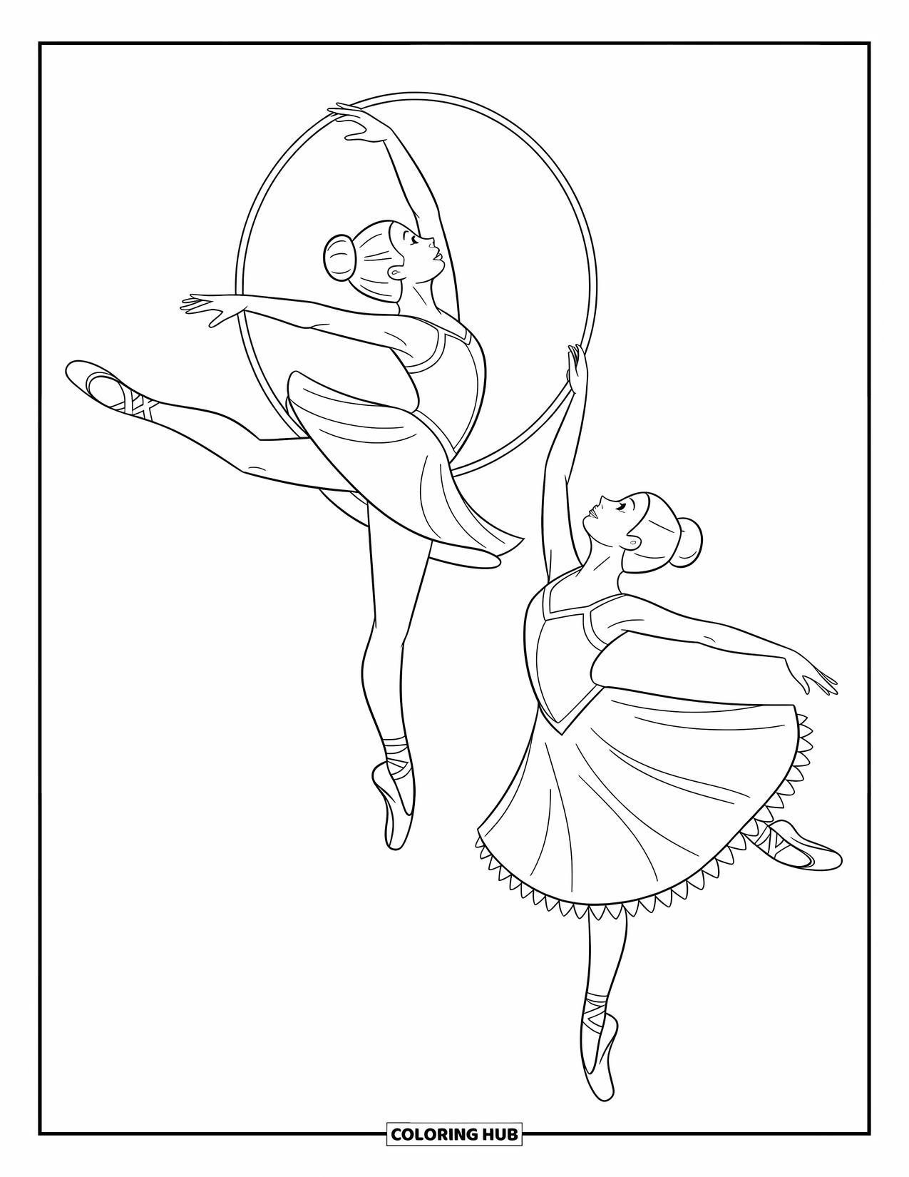 Ballerina Coloring Page for Kids: A ballerina leaps through a hoop held by another dancer in a magical moment