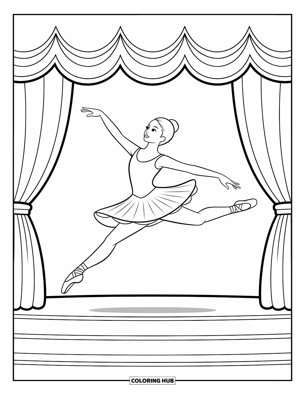 Ballerina Coloring Page for Kids: A ballerina leaps through a theater set with flowing motion and graceful posture