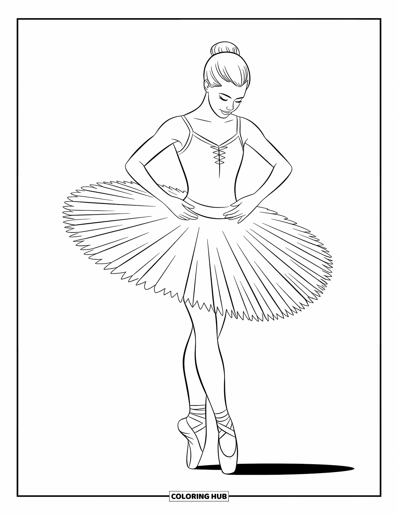 Ballerina Coloring Page for Kids: A ballerina pauses to fix her straps, her pose graceful and expressive