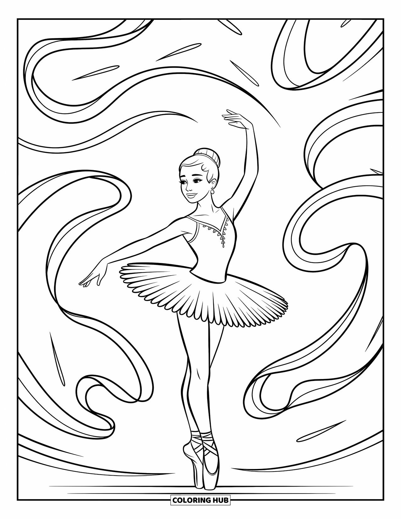 Ballerina Coloring Page for Kids: A ballerina performs with ribbons dancing through the air in soft, sweeping curves