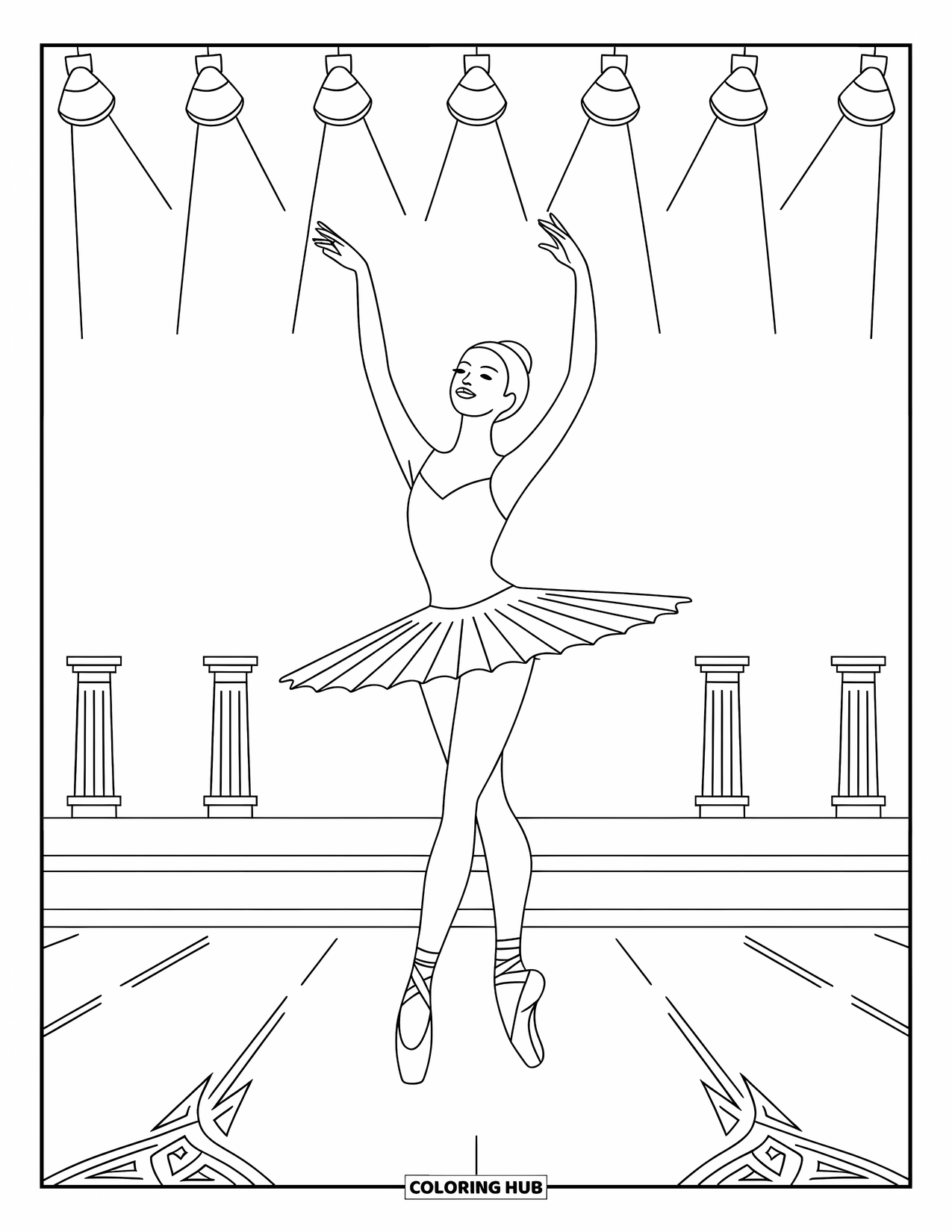 Ballerina Coloring Page for Kids: A ballerina poses elegantly with lights above and subtle patterns on the stage