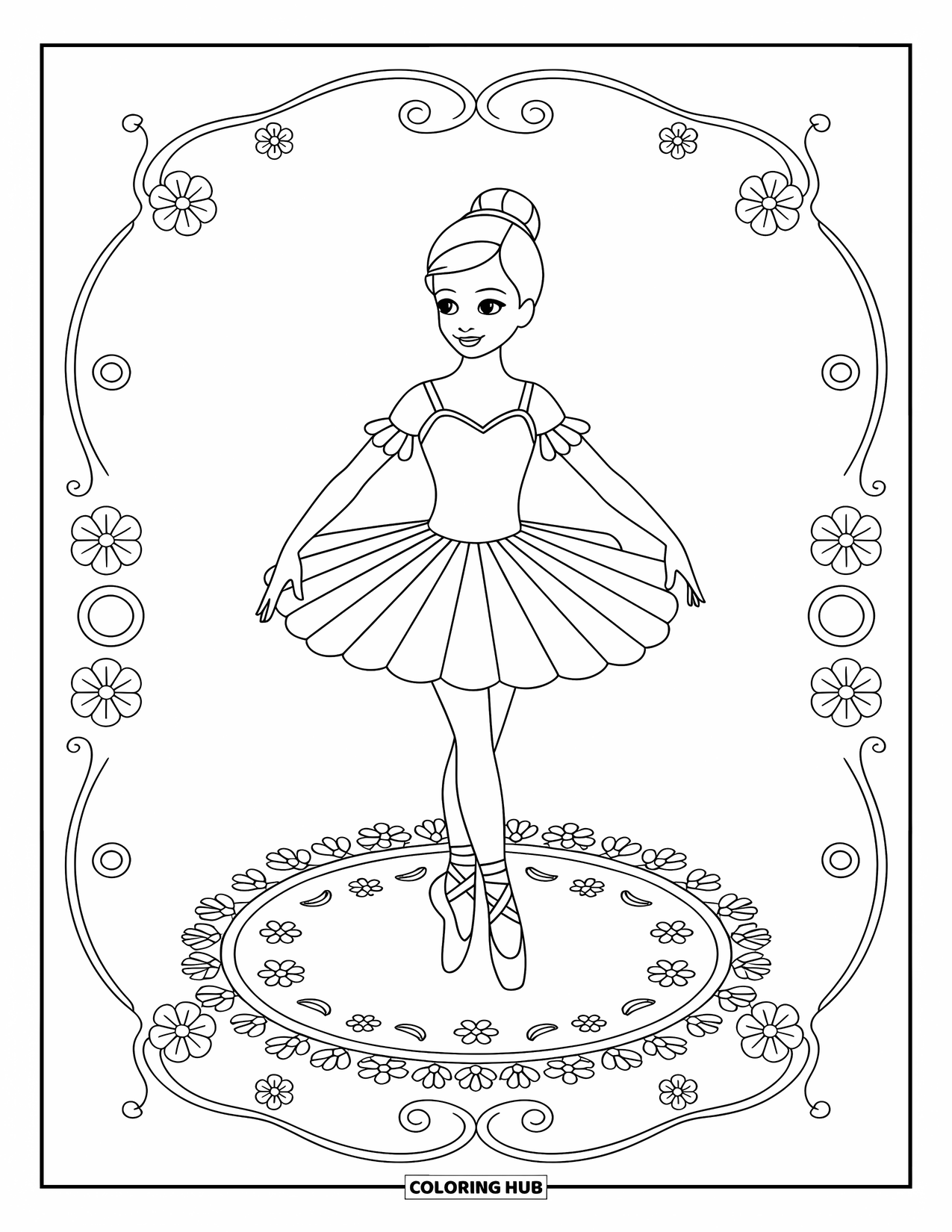 Ballerina Coloring Page for Kids: A ballerina poses on a rug encircled by delicate flowers and playful patterns