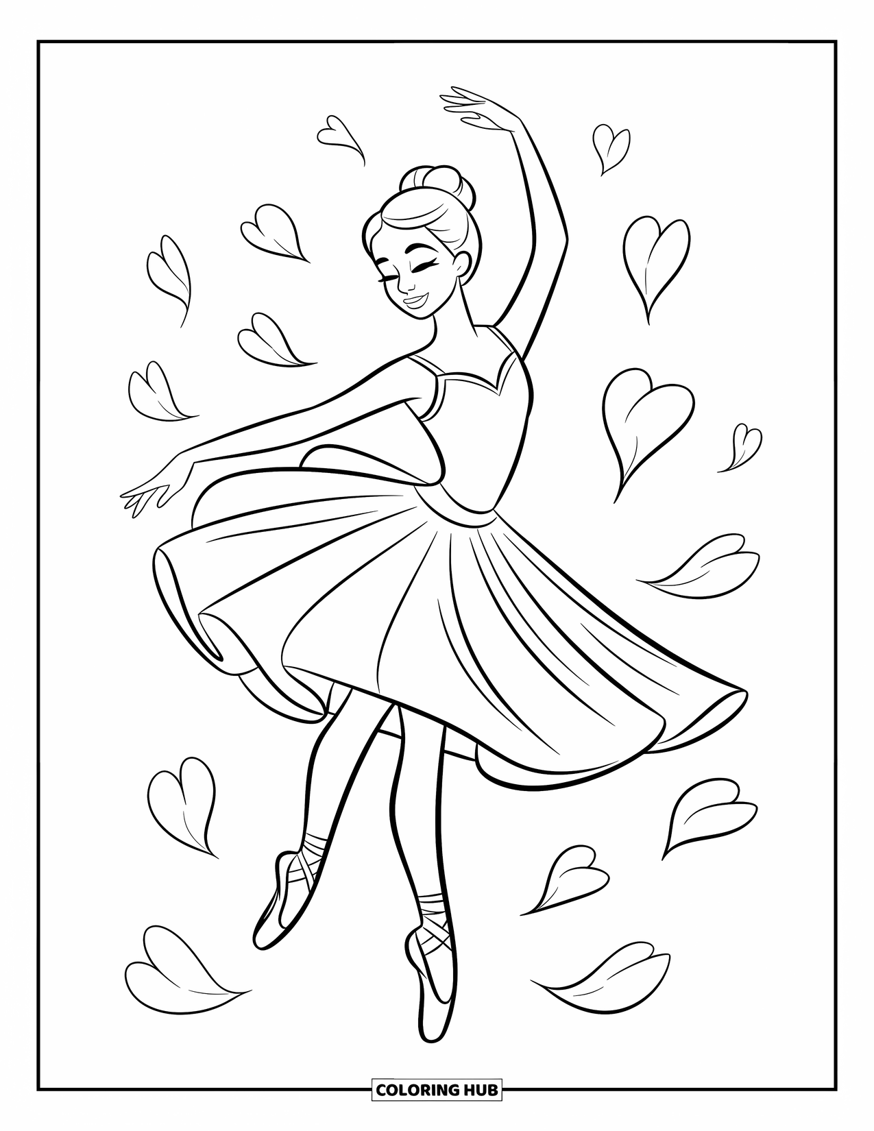 Ballerina Coloring Page for Kids: A ballerina poses with grace while petals swirl gently around her