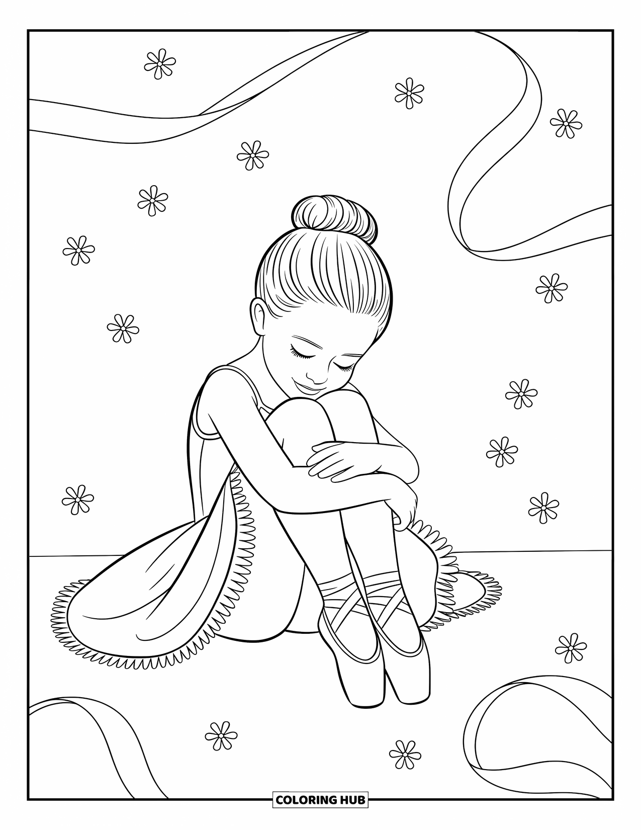 Ballerina Coloring Page for Kids: A ballerina sits gently with her knees hugged close, ribbons and petals all around