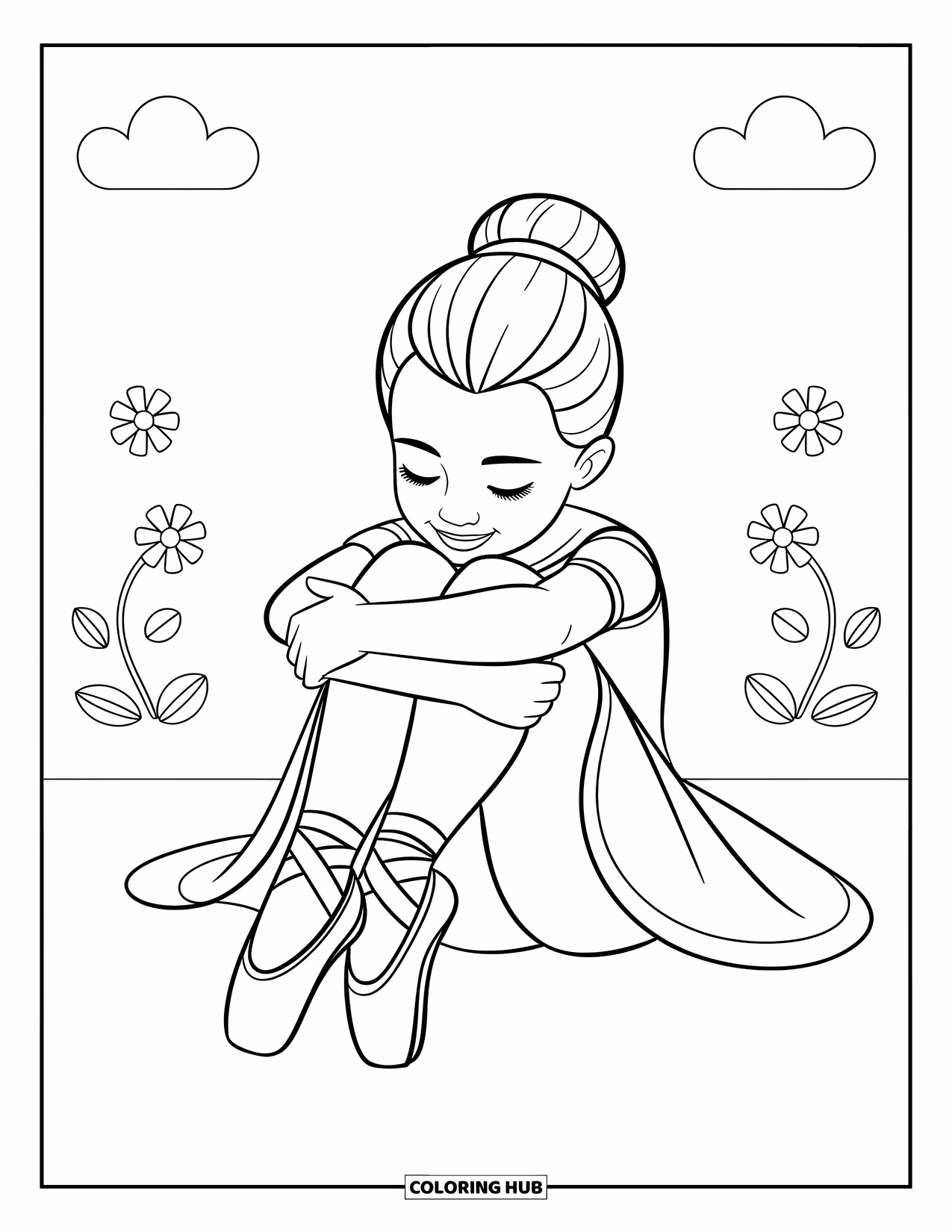 Ballerina Coloring Page for Kids: A ballerina sits hugging her knees, surrounded by flowers and soft clouds