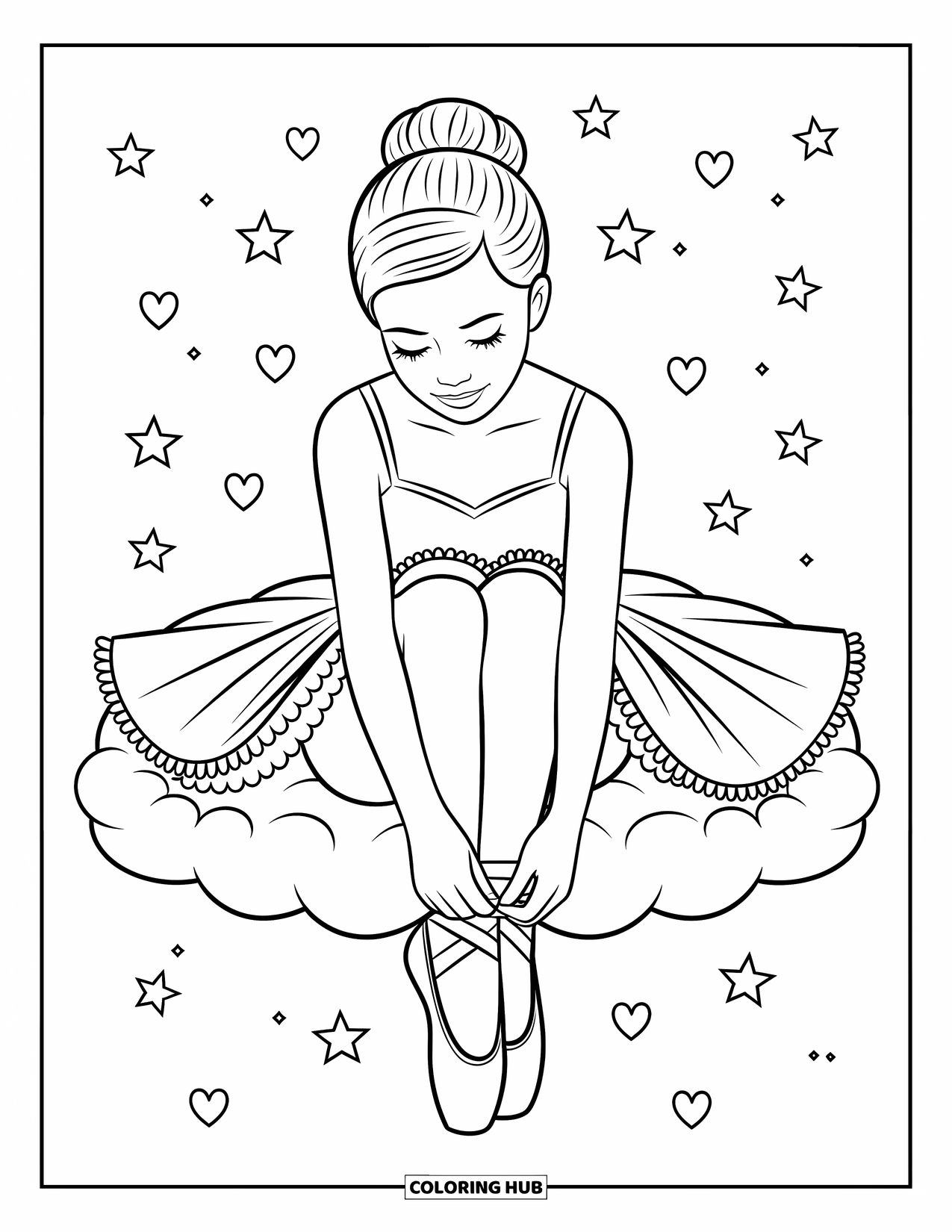 Ballerina Coloring Page for Kids: A ballerina sits on a cloud, surrounded by hearts and stars as she ties her shoes
