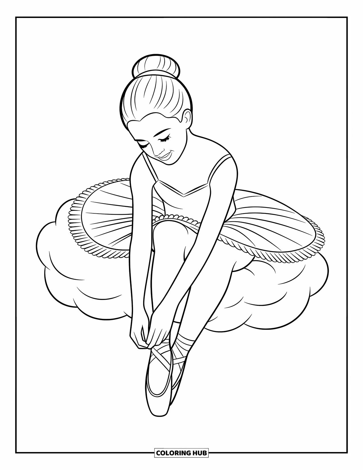 Ballerina Coloring Page for Kids: A ballerina sits on a cloud, tying her slippers with a playful smile