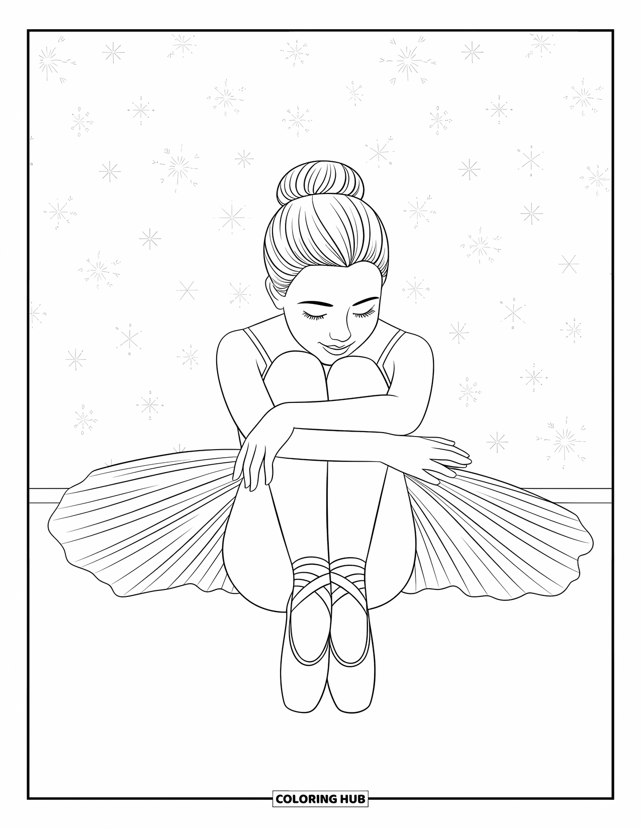 Ballerina Coloring Page for Kids: A ballerina sits peacefully as subtle patterns swirl gently in the background