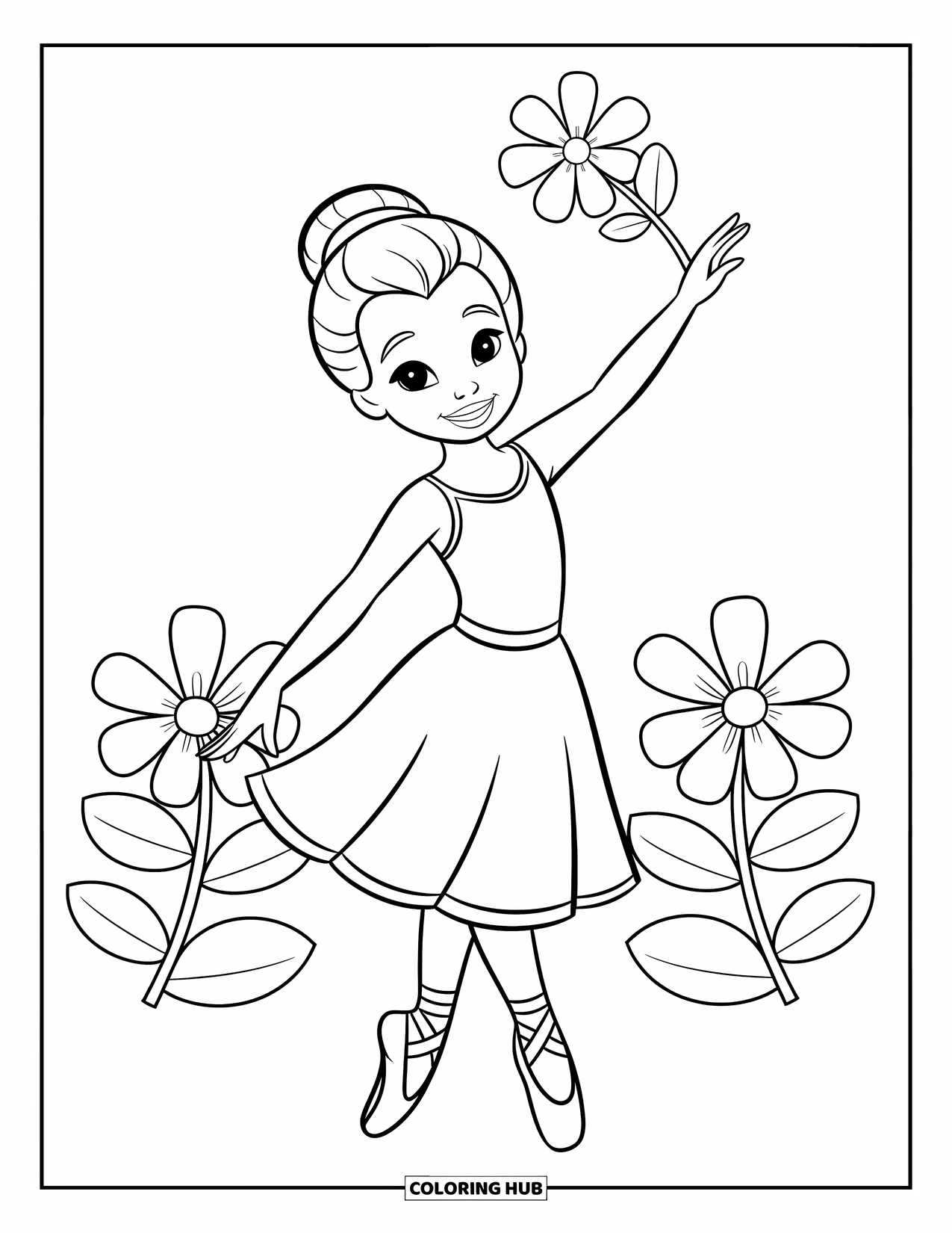 Ballerina Coloring Page for Kids: A ballerina smiles and waves, holding a flower as she stands with grace