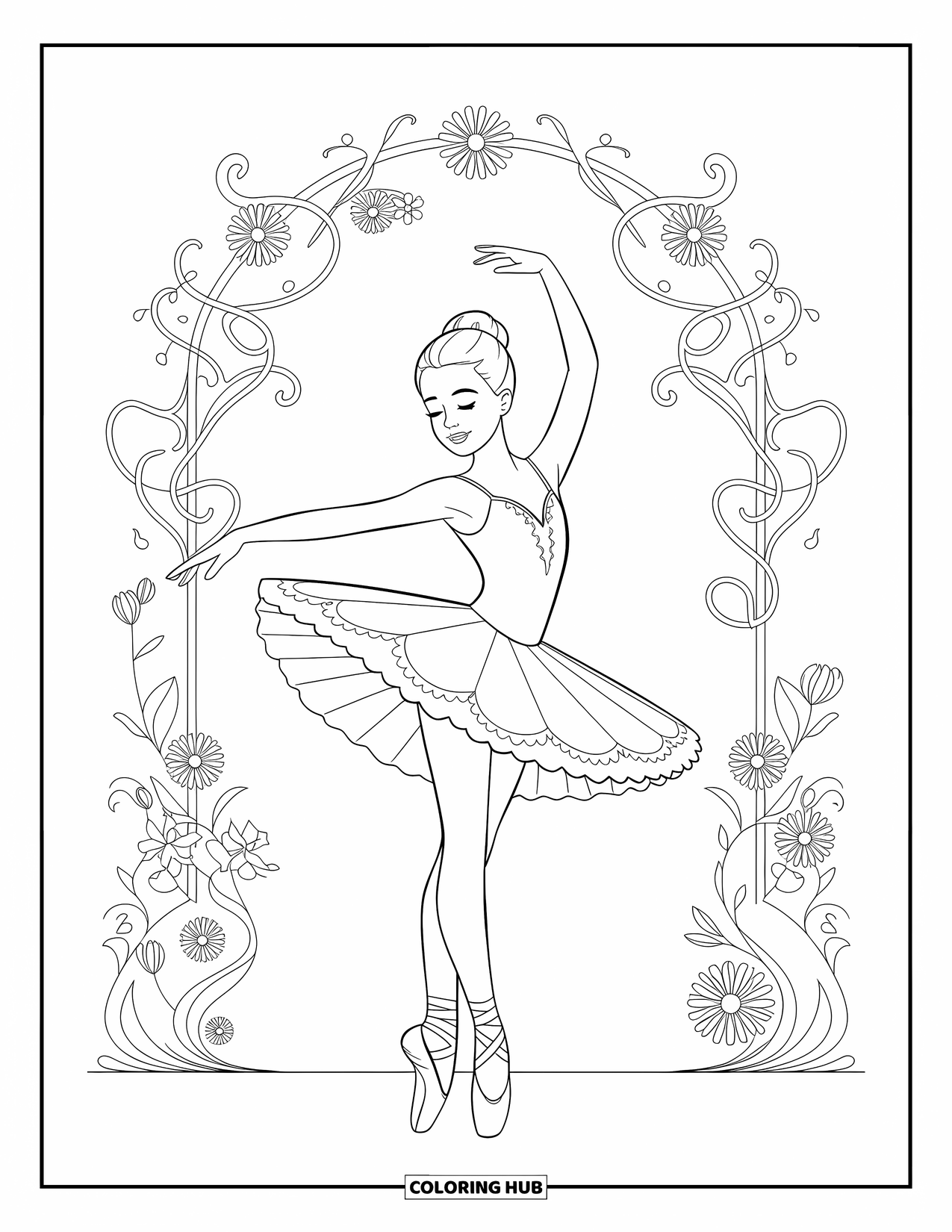 Ballerina Coloring Page for Kids: A ballerina spins gracefully as flowers and vines frame her flowing tutu