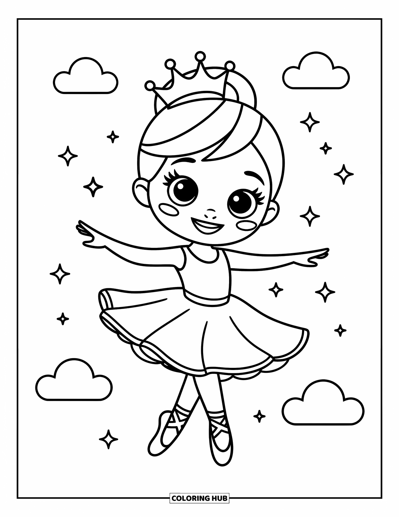 Ballerina Coloring Page for Kids: A ballerina spins in a crown as soft clouds and stars float nearby