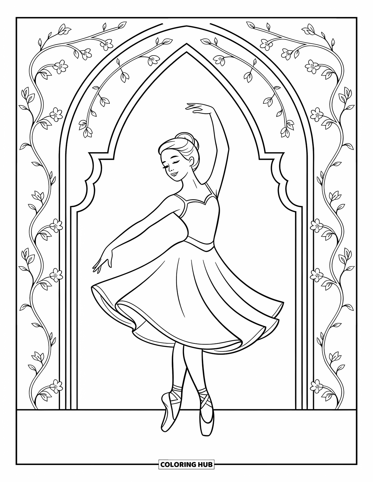 Ballerina Coloring Page for Kids: A ballerina spins in front of a floral arch, framed by soft vines and blossoms