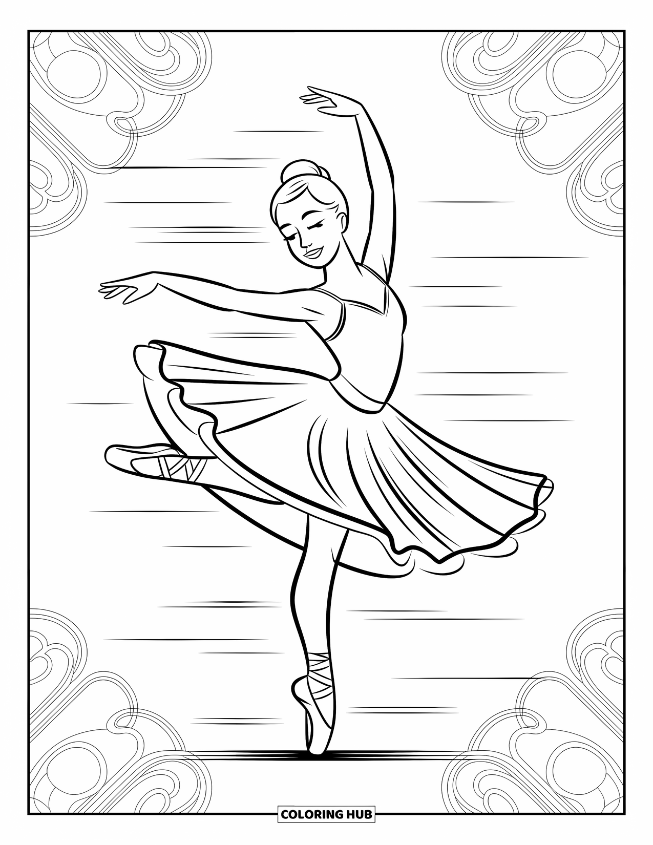 Ballerina Coloring Page for Kids: A ballerina spins mid-pirouette with motion lines swirling around her