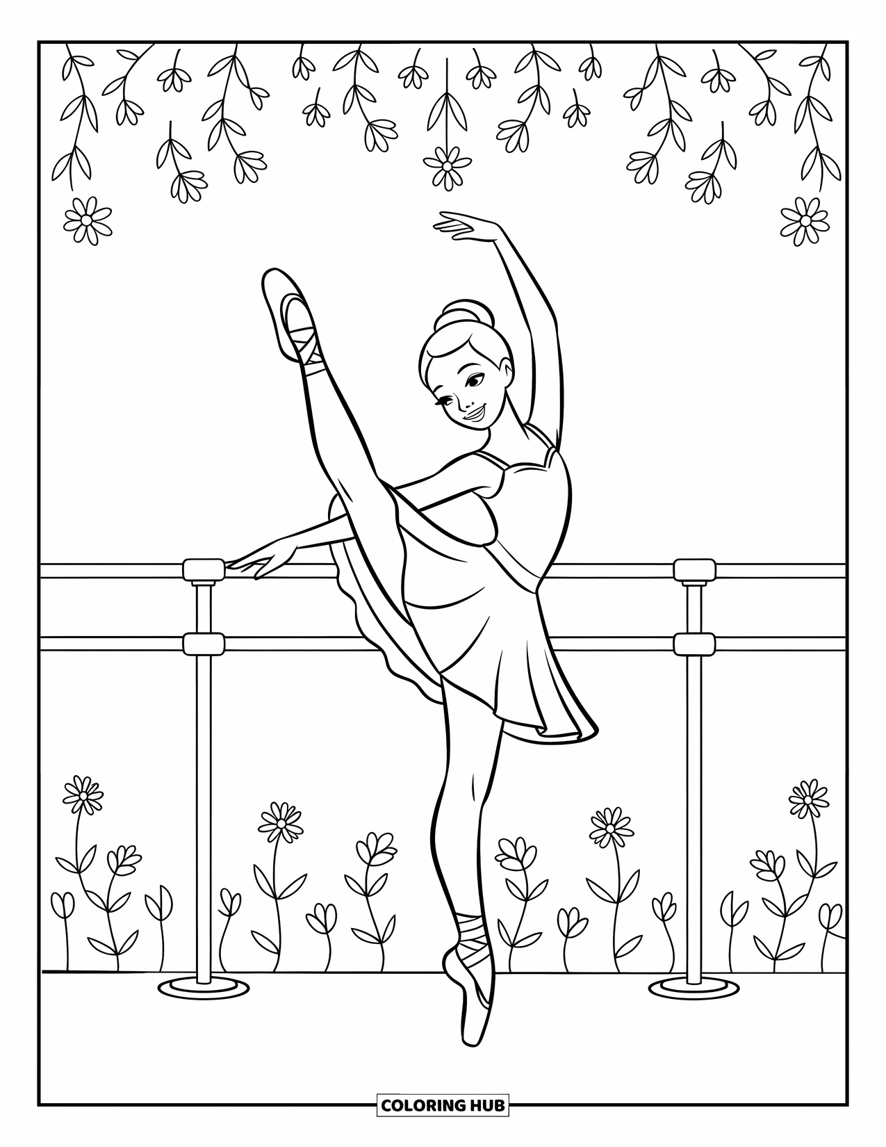 Ballerina Coloring Page for Kids: A ballerina stands at the barre with one leg lifted high and flowers nearby