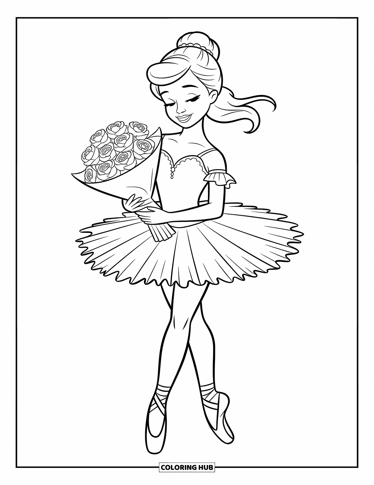 Ballerina Coloring Page for Kids: A ballerina stands holding a bouquet of roses after a graceful recital