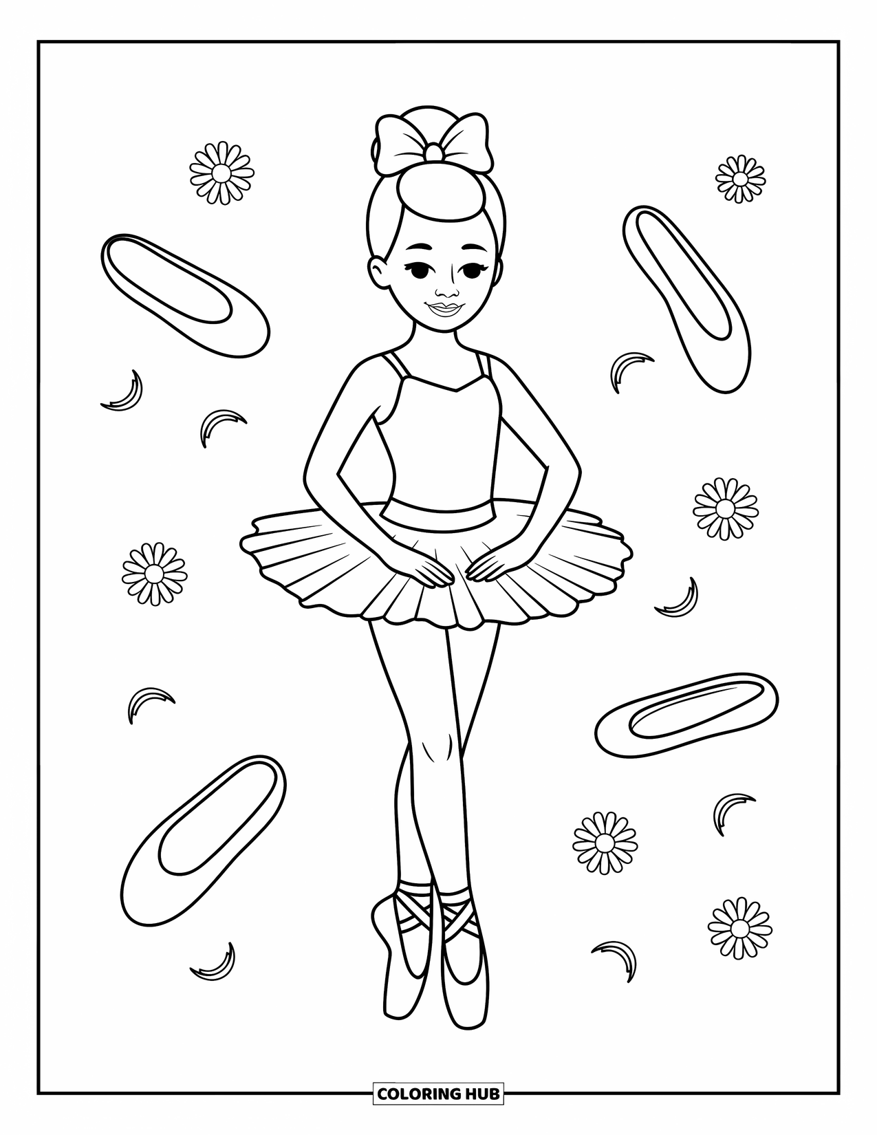Ballerina Coloring Page for Kids: A ballerina stands in a simple pose with slippers and a daisy nearby