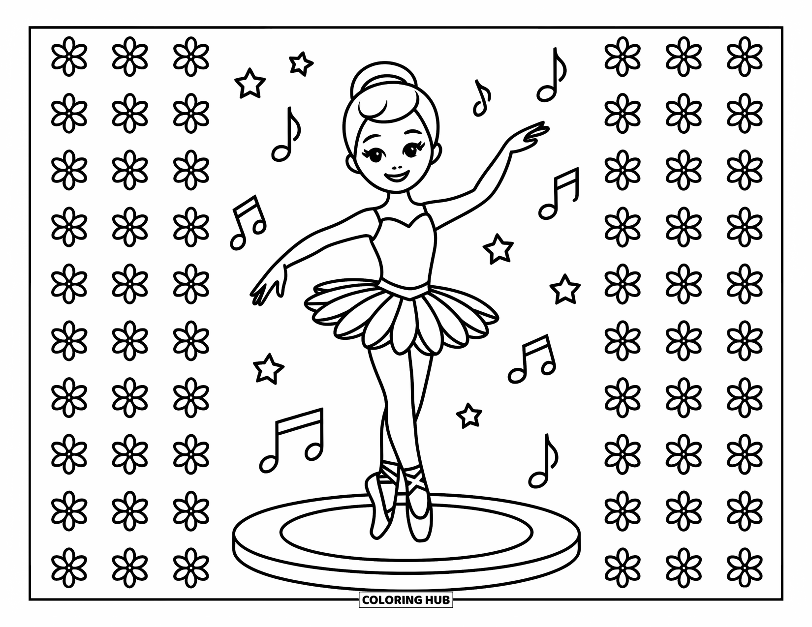 Ballerina Coloring Page for Kids: A ballerina stands on a platform as music notes float above her head