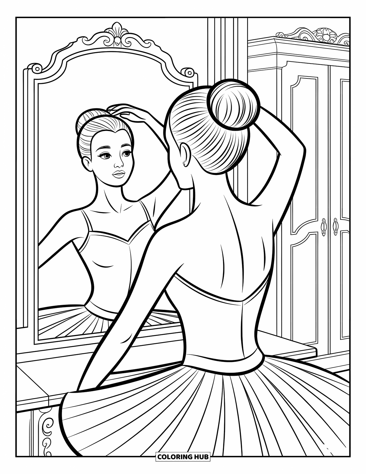 Ballerina Coloring Page for Kids: A ballerina stands poised at her vanity, adjusting her bun with gentle focus