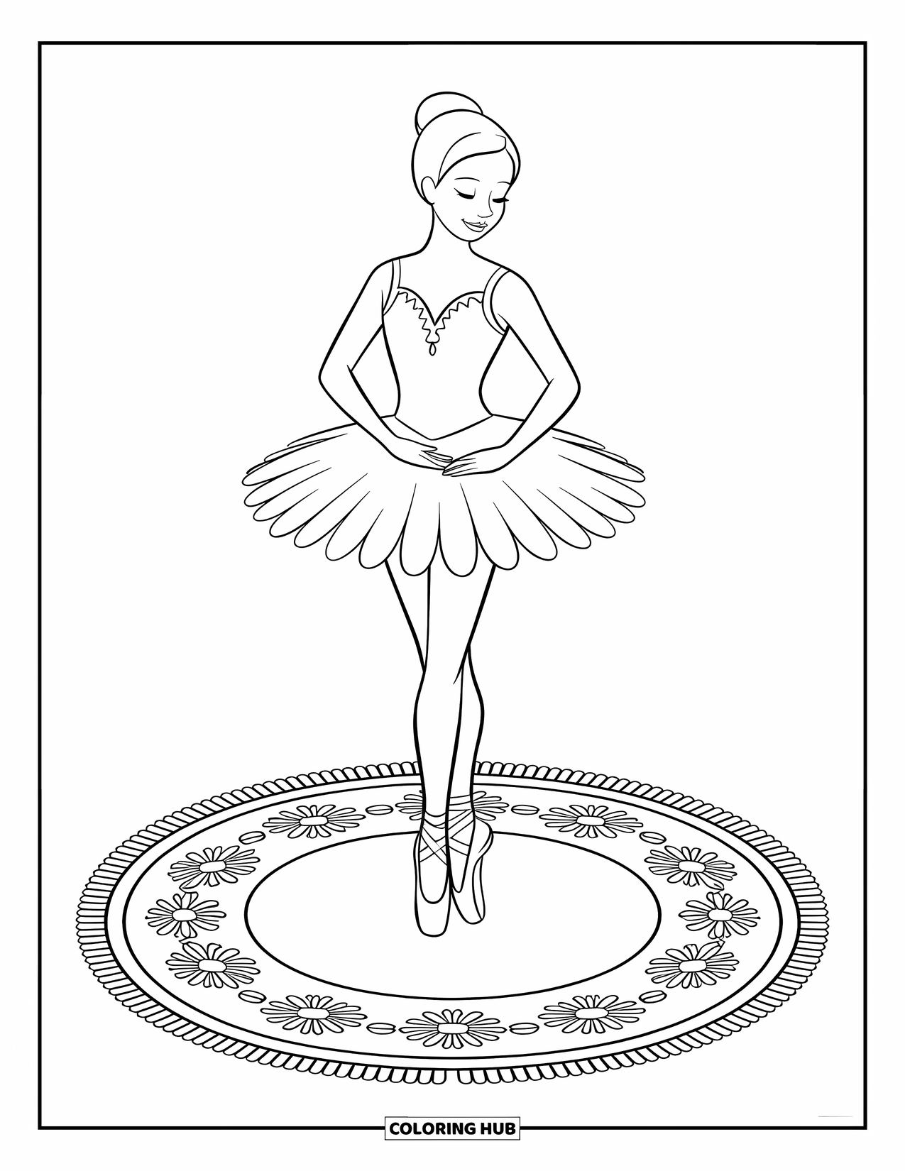 Ballerina Coloring Page for Kids: A ballerina stands poised on a floral rug, full of charm and quiet elegance