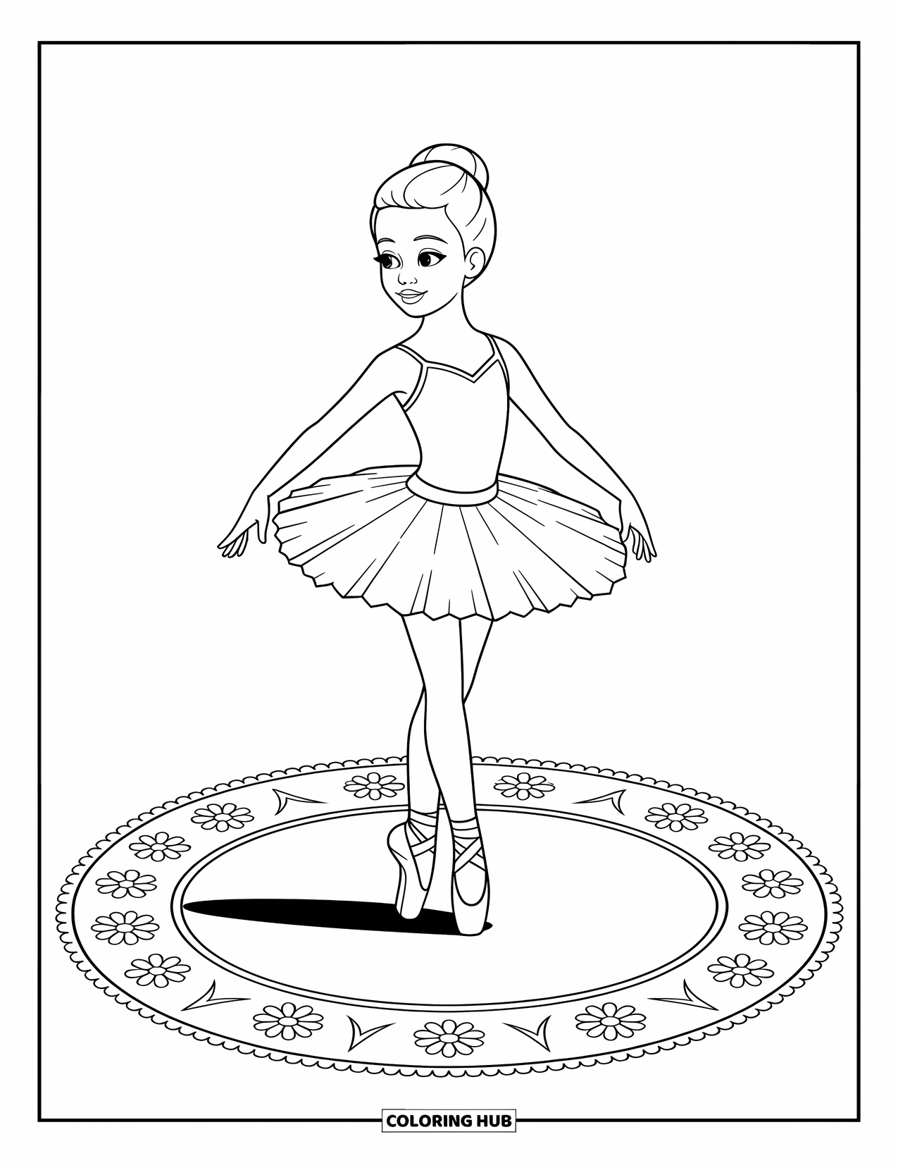 Ballerina Coloring Page for Kids: A ballerina stands poised on a flower-decorated rug in a graceful, elegant pose