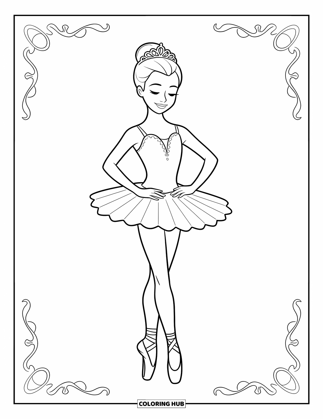 Ballerina Coloring Page for Kids: A ballerina stands proudly in fifth position with a tiara and soft patterns around her