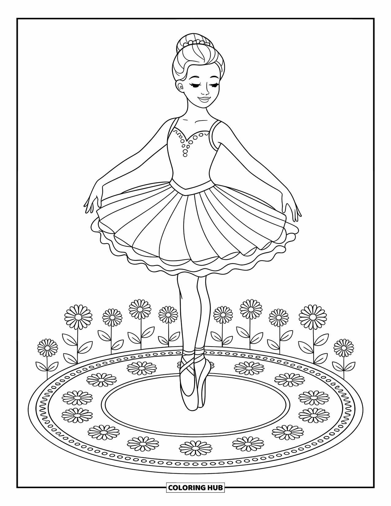 Ballerina Coloring Page for Kids: A ballerina stands tall on a floral rug, her tutu flowing softly around her