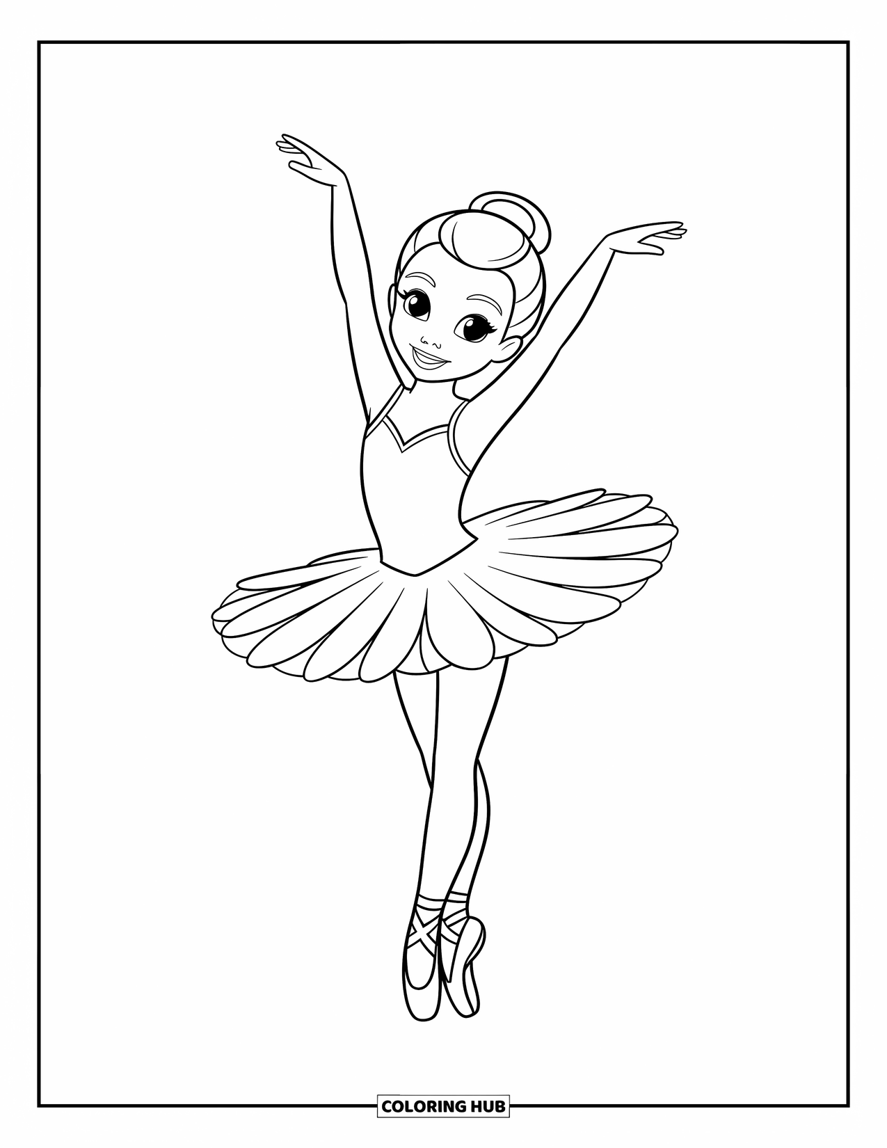 Ballerina Coloring Page for Kids: A ballerina stands tall with arms raised, ready to dance with joy