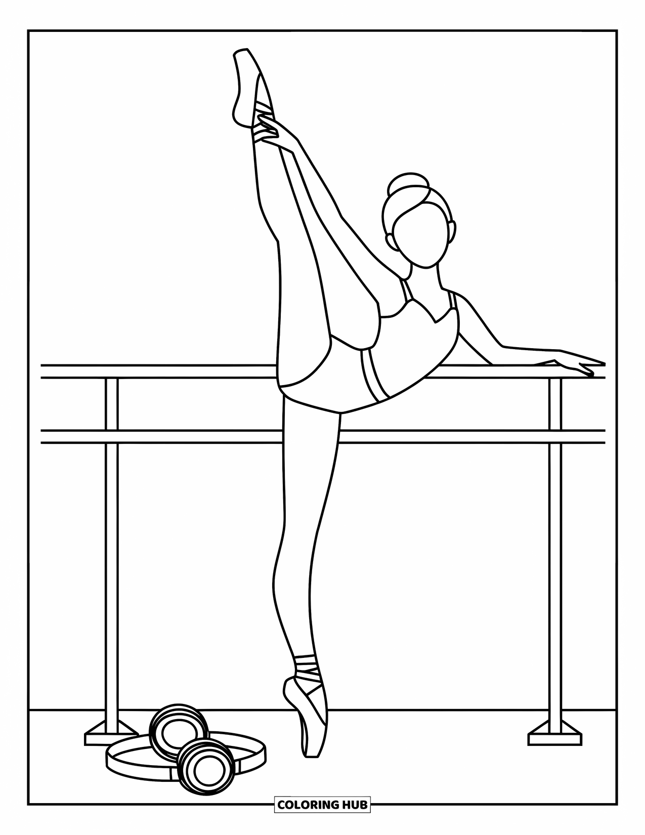 Ballerina Coloring Page for Kids: A ballerina stretches at the barre, headphones nearby adding a modern studio vibe