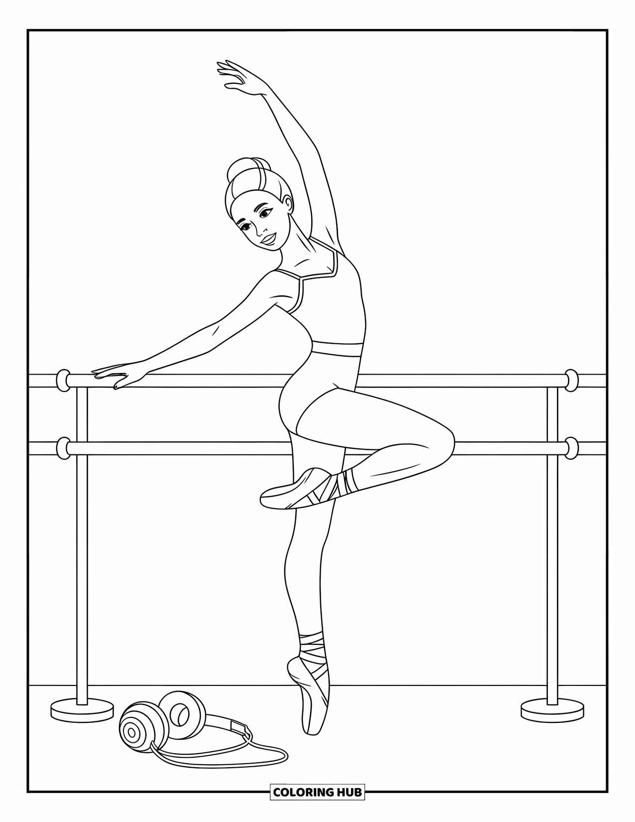 Ballerina Coloring Page for Kids: A ballerina stretches at the barre, with headphones nearby adding a modern vibe