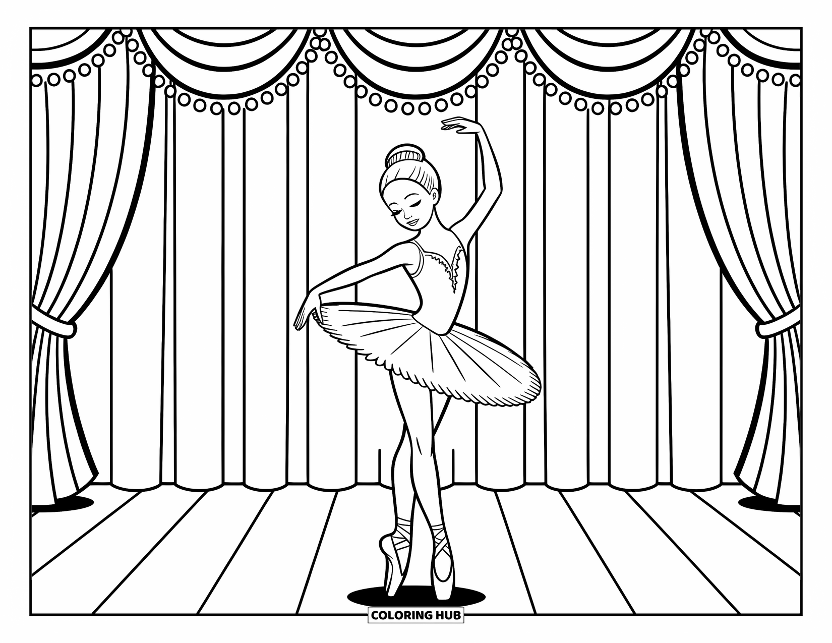 Ballerina Coloring Page for Kids: A ballerina takes a bow with her tutu flowing and curtains gathered behind her