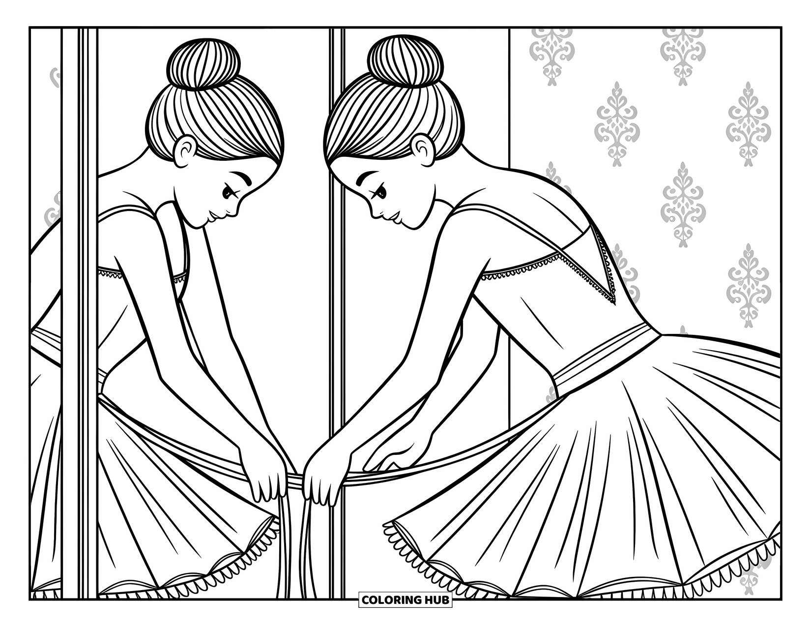 Ballerina Coloring Page for Kids: A ballerina ties a sash around her waist while standing in front of a mirror