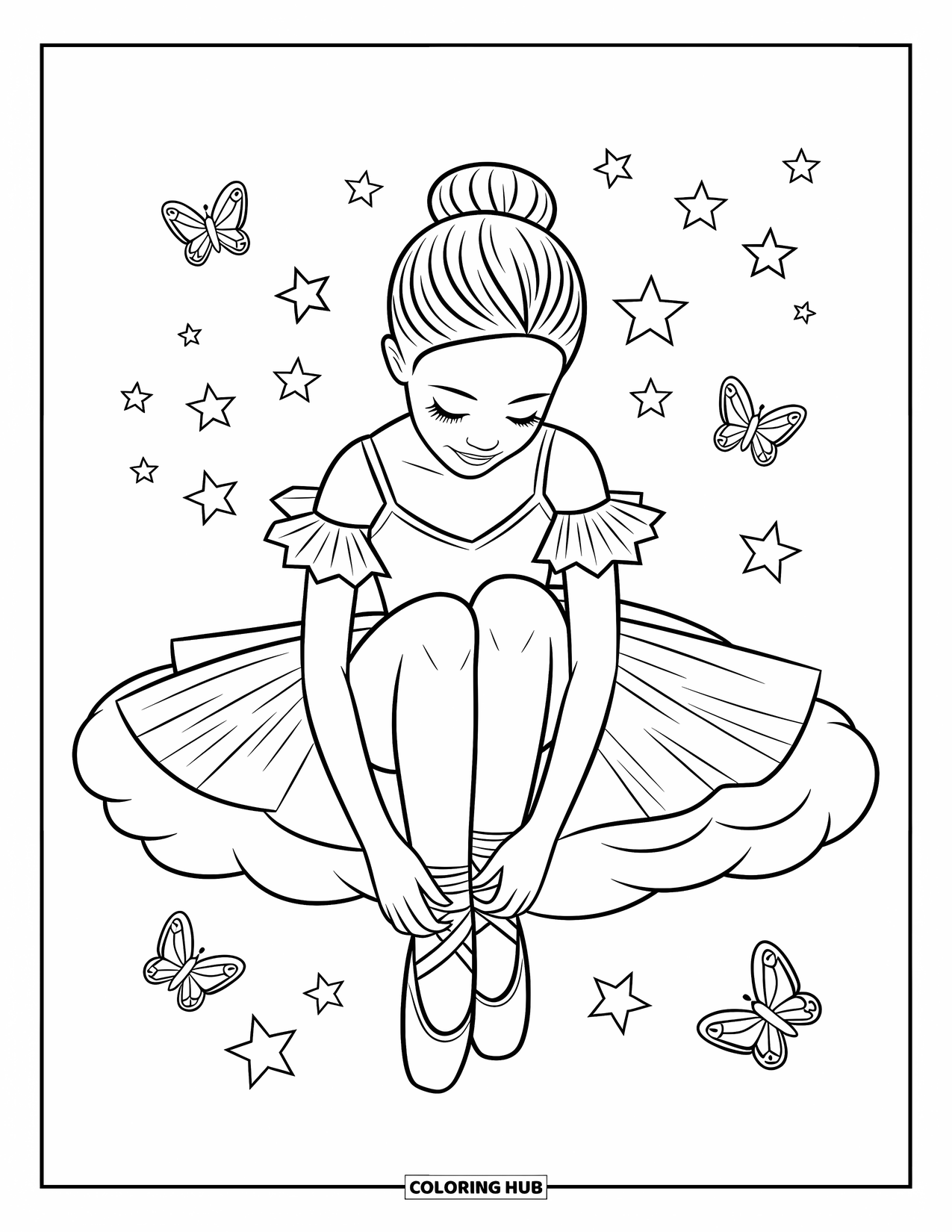 Ballerina Coloring Page for Kids: A ballerina ties her shoes on a fluffy cloud with stars and butterflies nearby