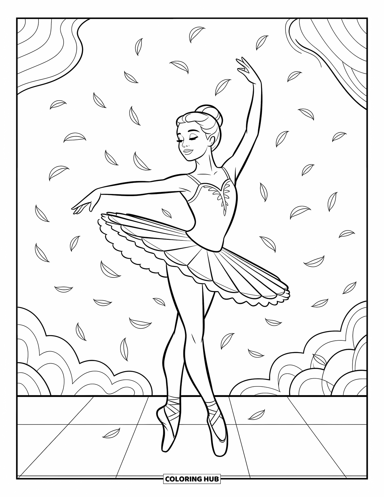 Ballerina Coloring Page for Kids: A ballerina twirls among petals as her tutu flutters in motion