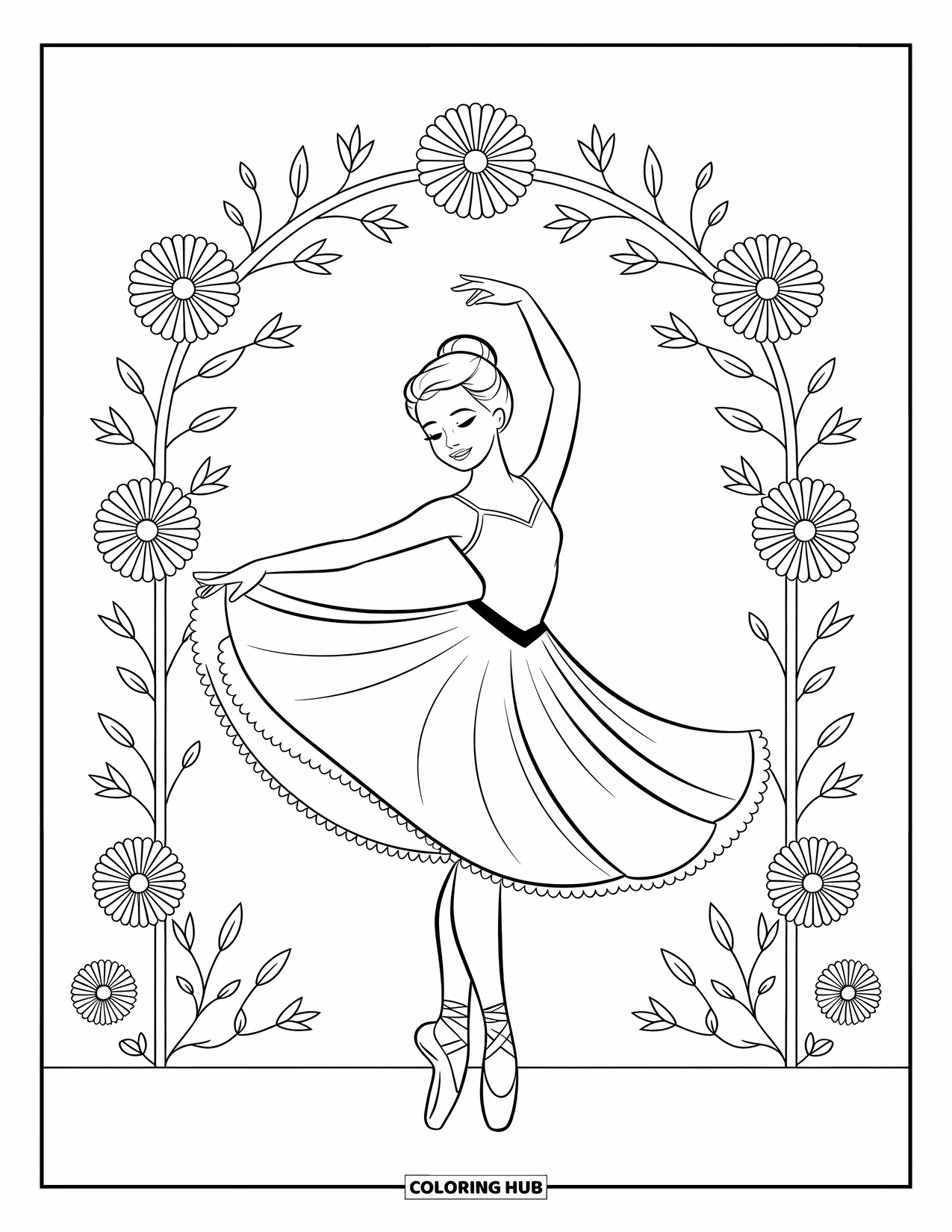 Ballerina Coloring Page for Kids: A ballerina twirls in front of a floral arch with vines and blooming flowers all around
