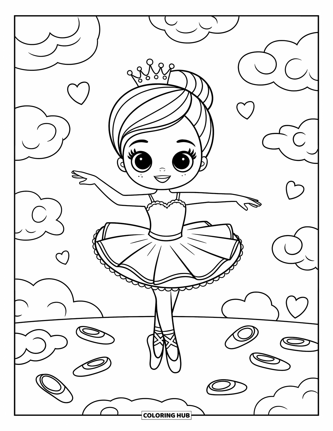 Ballerina Coloring Page for Kids: A ballerina twirls in her crown with slippers and clouds around her