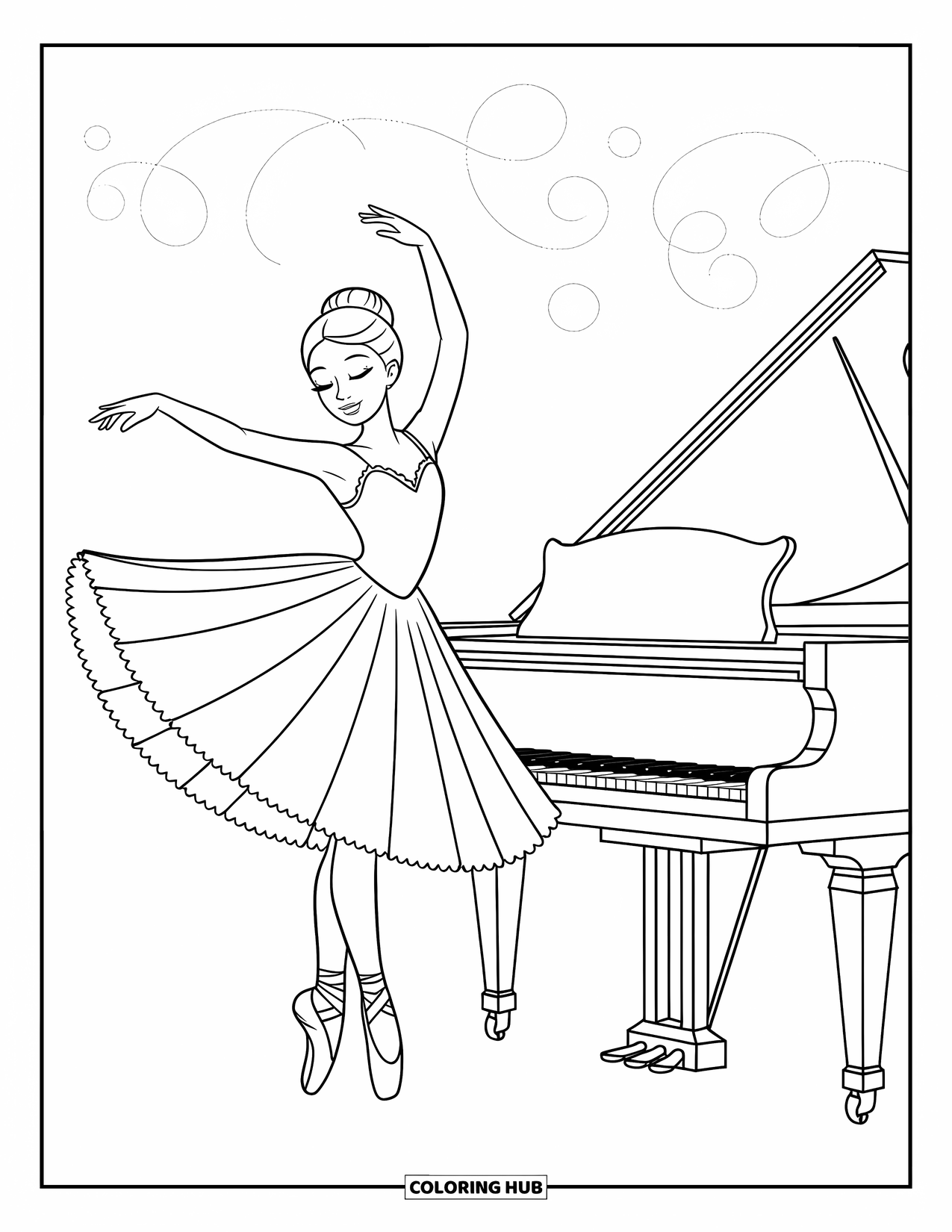 Ballerina Coloring Page for Kids: A ballerina twirls next to a grand piano as swirling patterns echo her dance