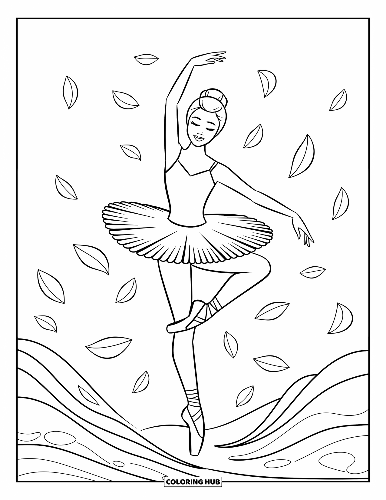 Ballerina Coloring Page for Kids: A ballerina twirls through falling petals in a flowing, expressive pose