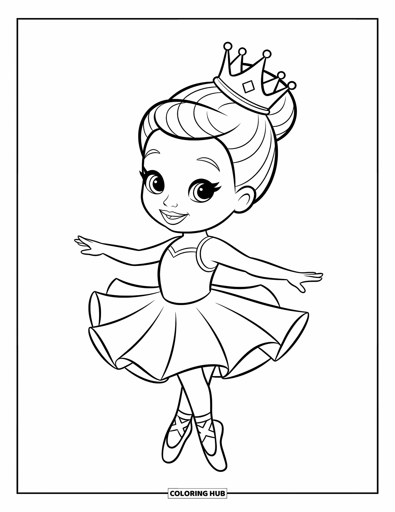 Ballerina Coloring Page for Kids: A ballerina twirls with a crown on her head and a bright, happy face